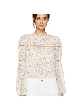 Women's Cream & Black Speck Print Peasant High Neck Sheer Blouse Large